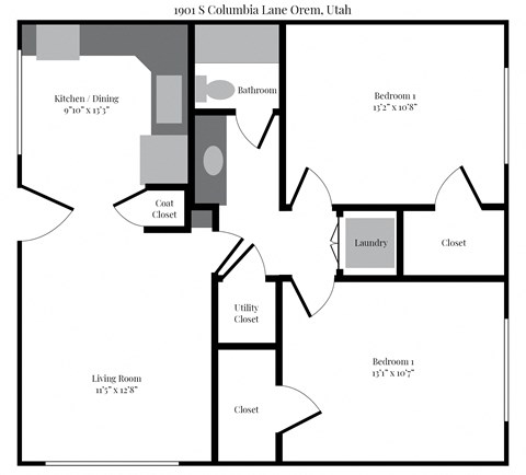 Floor plan for 2 beds, 1 bath, 950 sqft